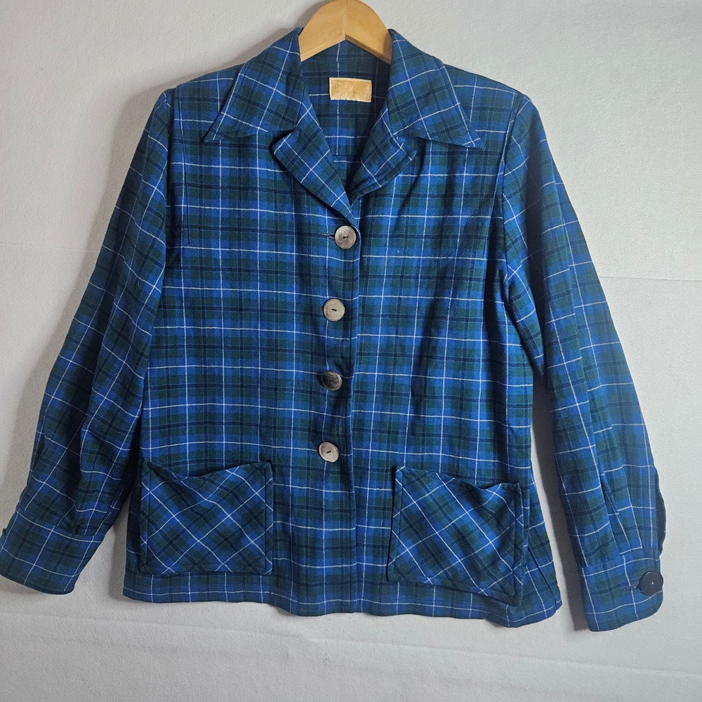 Vintage Pendleton Wool Plaid Jacket Blue Green Tartan Blazer Womens L 100 Wool